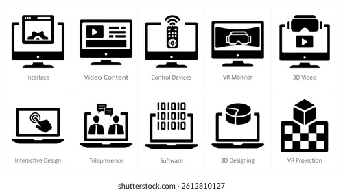 A set of 10 Virtual Reality icons as interface, video content, control devices