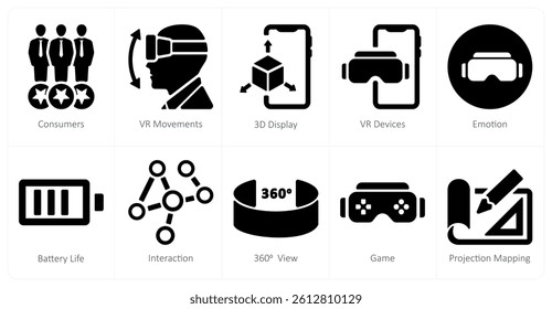 A set of 10 Virtual Reality icons as consumers, vr movements, 3d display