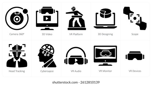 A set of 10 Virtual Reality icons as camera 360, 3d video, vr platform