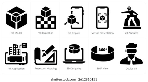A set of 10 Virtual Reality icons as 3d model, vr projection, 3d display