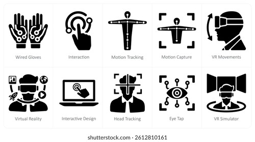 A set of 10 Virtual Reality icons as wired gloves, interaction, motion tracking