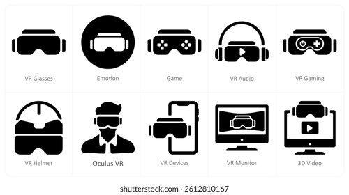 A set of 10 Virtual Reality icons as vr glaases, emotion, game