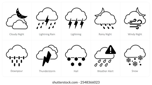 A set of 10 weather icons as cloudy night, lightning rain, lightning