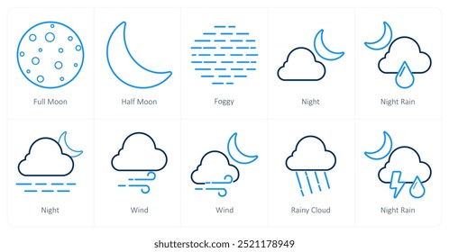 A set of 10 Weather icons as full moon, half moon, foggy