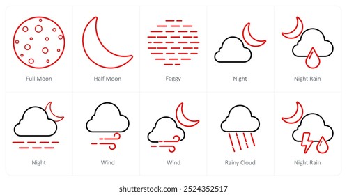 A set of 10 Weather icons as full moon, half moon, foggy
