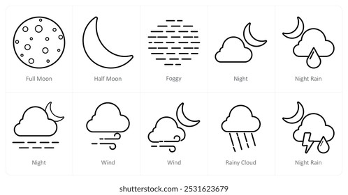 A set of 10 Weather icons as full moon, half moon, foggy