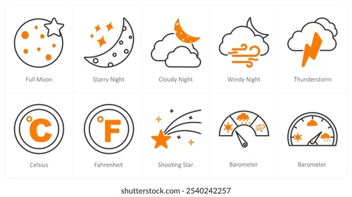 A set of 10 weather icons as full moon, starry night, cloudy night