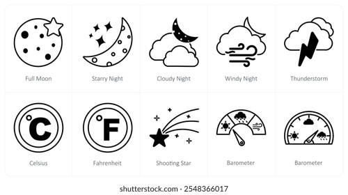 A set of 10 weather icons as full moon, starry night, cloudy night