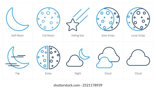 Un conjunto de 10 íconos de Clima como media luna, luna llena, estrella que cae