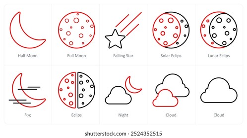 Un conjunto de 10 íconos de Clima como media luna, luna llena, estrella que cae