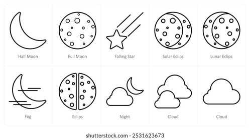 Un conjunto de 10 íconos de Clima como media luna, luna llena, estrella que cae