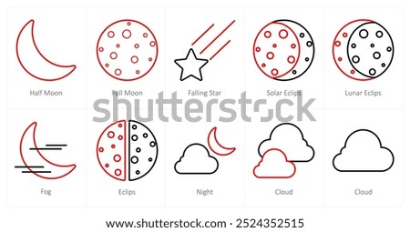 A set of 10 Weather icons as half moon, full moon, falling star