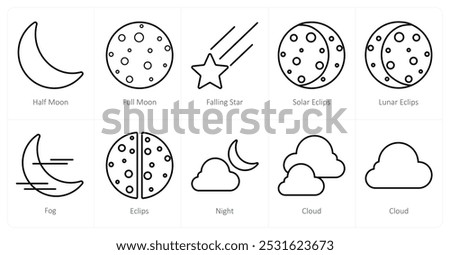 A set of 10 Weather icons as half moon, full moon, falling star