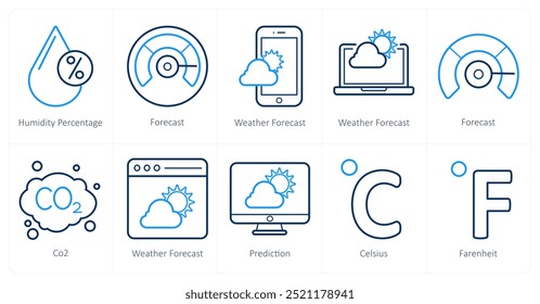 Um conjunto de 10 ícones de tempo como a porcentagem de umidade, previsão, previsão do tempo