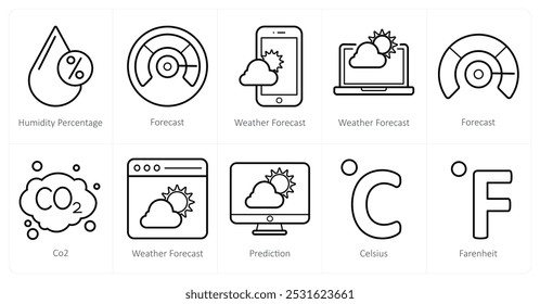 Um conjunto de 10 ícones de tempo como a porcentagem de umidade, previsão, previsão do tempo
