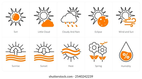 A set of 10 weather icons as sun, little cloud, cloudy and rain