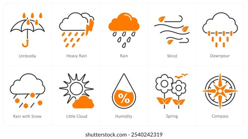 Um conjunto de 10 ícones do tempo como guarda-chuva, chuva forte, chuva