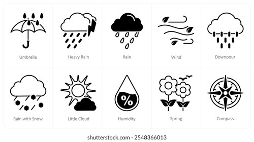 Um conjunto de 10 ícones do tempo como guarda-chuva, chuva forte, chuva