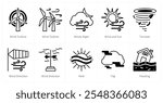 A set of 10 weather icons as wind turbine, windy night, wind and sun