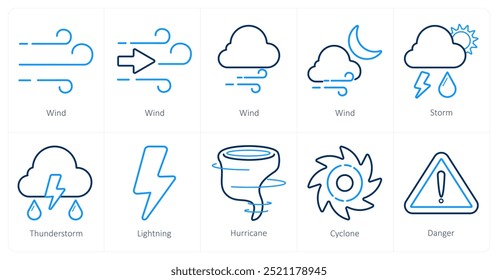 Um conjunto de 10 ícones de tempo como vento, tempestade, trovoada