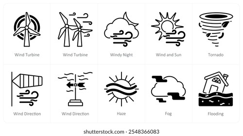 A set of 10 weather icons as wind turbine, windy night, wind and sun