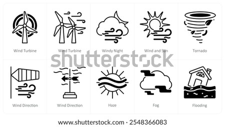 A set of 10 weather icons as wind turbine, windy night, wind and sun