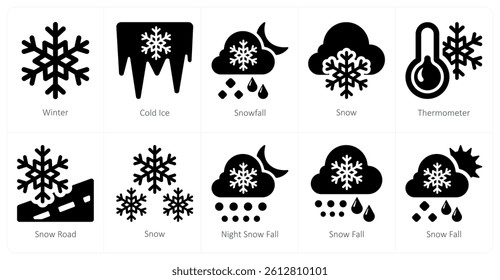 A set of 10 Weather icons as winter, cold ice, snowfall
