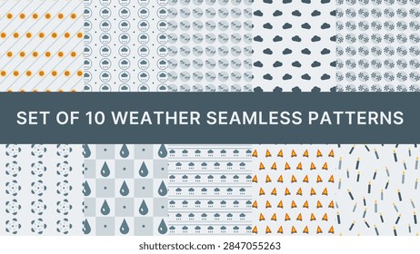 Set of 10 weather seamless patterns in coordinated colors: sunray diagonal, snowflake medallion, sky glow paired and more. Every tile repeats perfectly for backgrounds and textiles.