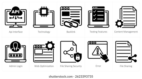 Un conjunto de 10 íconos de Diseño web como interfaz de API, tecnología, backlink