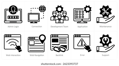 A set of 10 web design icons as admin login, connection, development team