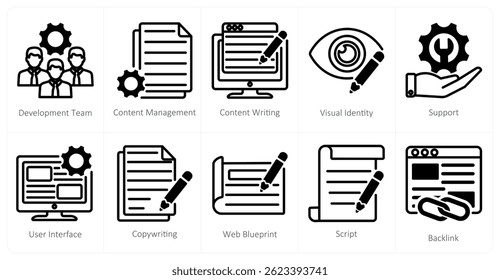 Un conjunto de 10 íconos de Diseño web como equipo de desarrollo, gestión de contenido, redacción de contenido