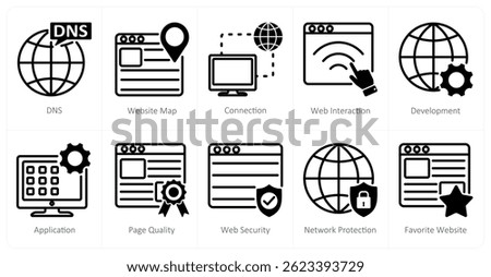 A set of 10 web design icons as dns, website map, connection