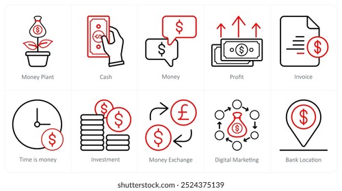 Um conjunto de 10 ícones de marketing na web como dinheiro planta, dinheiro, dinheiro