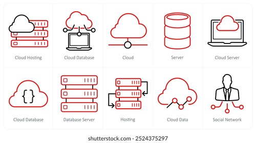 Um conjunto de 10 ícones de marketing na Web como hospedagem em nuvem, banco de dados em nuvem, nuvem