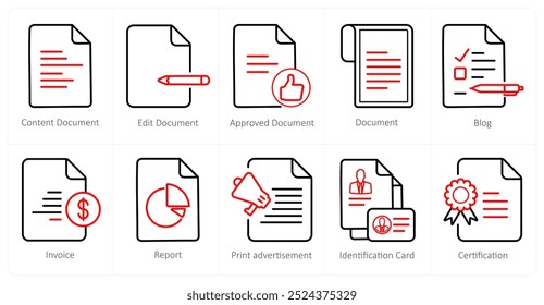 Un conjunto de 10 íconos de marketing de Web como documento de contenido, editar documento