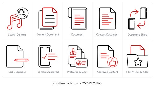 A set of 10 web marketing icons as search content, content document, document, document share