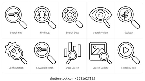 Um conjunto de 10 ícones de web marketing como chave de pesquisa, encontrar bug, dados de pesquisa