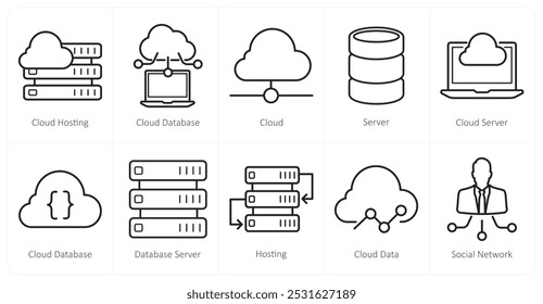 Um conjunto de 10 ícones de marketing na Web como hospedagem em nuvem, banco de dados em nuvem, nuvem