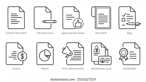 Un conjunto de 10 íconos de marketing de Web como documento de contenido, editar documento