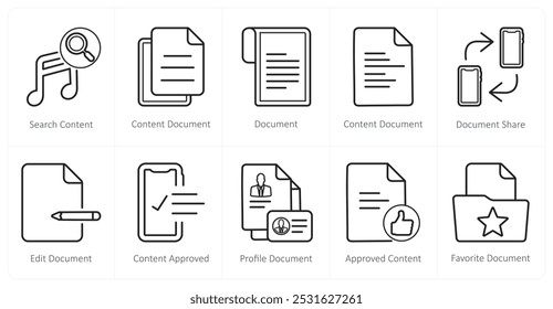 A set of 10 web marketing icons as search content, content document, document, document share