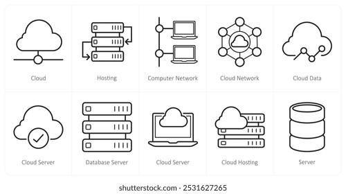 Um conjunto de 10 ícones de marketing na web como nuvem, hospedagem, rede de computadores, rede em nuvem