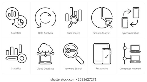 A set of 10 web marketing icons as statistics, data analysis, data search