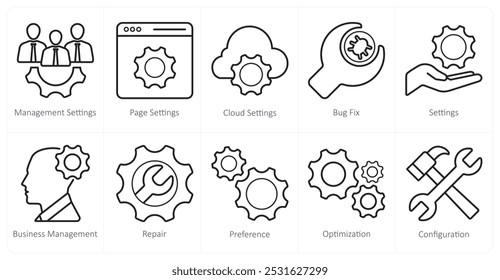 A set of 10 web marketing icons as management settings, page settings, cloud settings