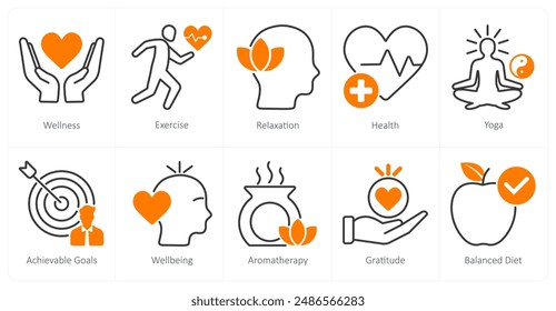 A set of 10 wellness icons as wellness, exercise, relaxation