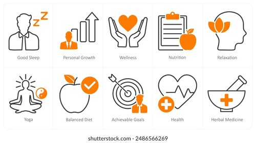 A set of 10 wellness icons as good sleep, personal growth, wellness