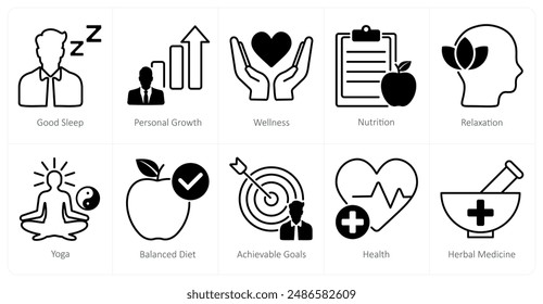 A set of 10 wellness icons as good sleep, personal growth, wellness