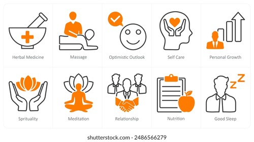 A set of 10 wellness icons as herbal medicine, massage, optimistic outlook