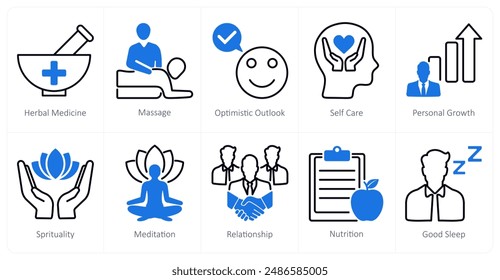A set of 10 wellness icons as herbal medicine, massage, optimistic outlook