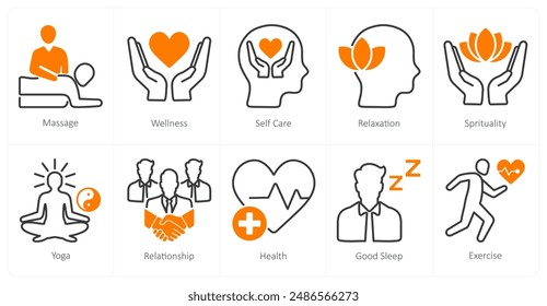 A set of 10 wellness icons as massage, wellness, self care