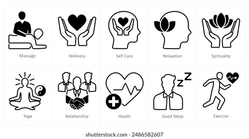 A set of 10 wellness icons as massage, wellness, self care